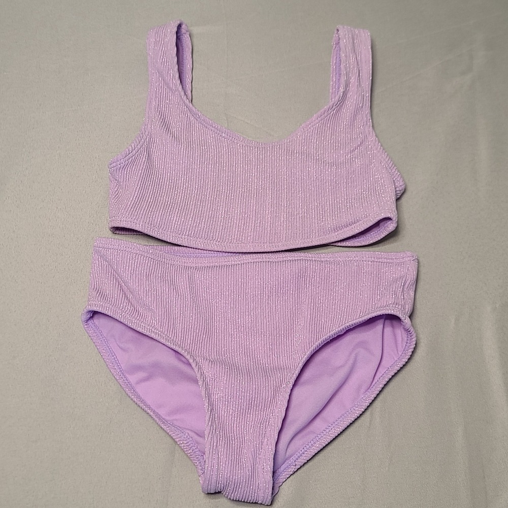 Sol Borne Bikini Swimsuit Kids Size 7/8 Purple Ribbed Metallic Shimmer 2pc Set
